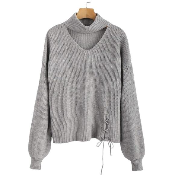 NEW BGZ Halter Loose Knitted Chunky Choker Pullover Sweater Light Gray L NWT - Picture 1 of 16